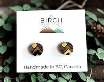 Wooden Stud Earrings - Geometric Hand Painted Black and Gold Round Studs