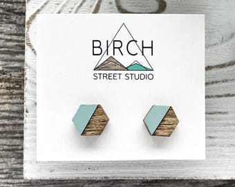 Hexagon Stud Earrings, Hand Painted Wood Geometric Earrings with Hypoallergenic Surgical Steel Posts, Black, Mint, Purple, Blue, Moss Green