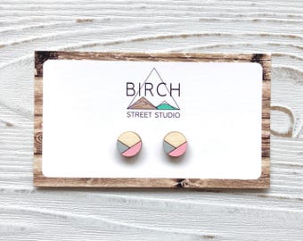 Post Earrings Wooden Stud Earrings Geometric Jewelry Small Round Studs Minimalist Unique Earrings Girlfriend Gift for Her Mens Stud Earrings
