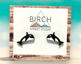 Orca Earrings, Whale Earrings, Ocean Earrings, Wood Earrings, Gift for Her, Wood Stud Earrings, Animal Earrings, Orca Gift, Nickel Free Stud