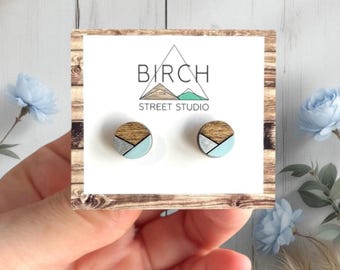 Blue Stud Earrings, Round Wood Earrings, Geometric Earrings, Wooden Jewelry, Gift for Her, Made in Canada, Trendy Earrings, Unique Earrings