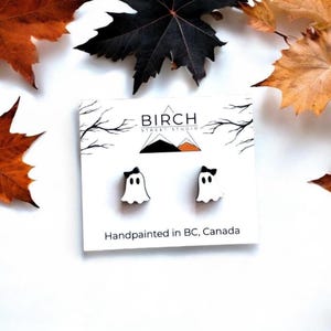 Boo-jee Ghost Earrings – Cute Halloween Studs | Hand Painted Wooden Ghost with Bow | Surgical Steel Posts