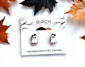 Boo-jee Ghost Earrings – Cute Halloween Studs | Hand Painted Wooden Ghost with Bow | Surgical Steel Posts