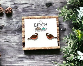 Bird Earrings, Brown Robin Earrings, Wood Stud Earrings, Gifts for her, Christmas Gift idea, Stocking Stuffer, Animal Earrings