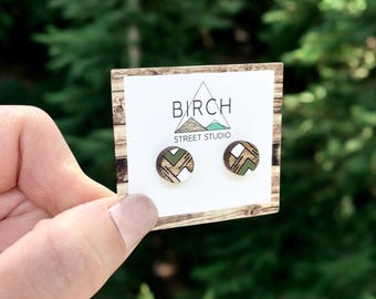 Wood Stud Earrings, Round Wooden Studs, Small geometric earrings, Moss Green Earrings, Gifts for Her, Mother’s Day Gift, Hypoallergenic