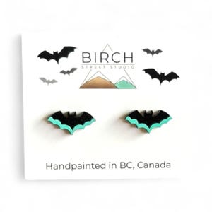 Black and Mint Bat Earrings – Small Wooden Halloween Studs | Hand Painted Bat Jewelry | Gothic Earrings with Surgical Steel Posts