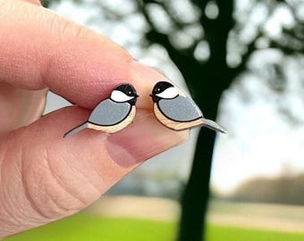 Chickadee Bird Stud Earrings, Hand Painted Wood with Surgical Steel Posts.