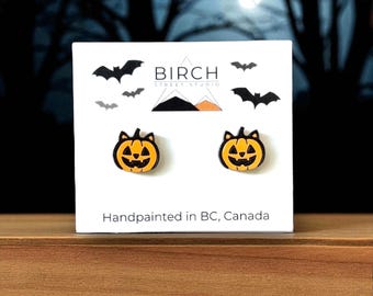 Cat Pumpkin Earrings – Hand Painted Wooden Studs | Cute Halloween Jewelry | Black Cat Pumpkin Stud Earrings with Surgical Steel Posts
