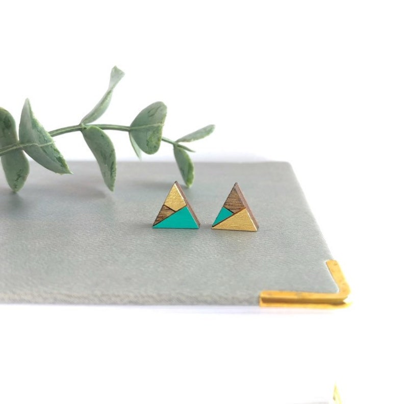 Mismatched Earrings Tiny Triangle Stud Earrings Triangle Earrings Mint and Gold Wood Earrings Geometric Earrings