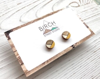 Mustard Earrings, Wooden Earrings, Geometric Earrings,  Wood Stud Earrings,  Small Circle Earrings, Earrings for Women, Mothers Day Gift,