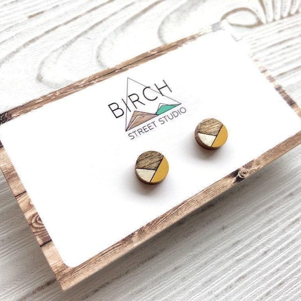 Mustard Earrings, Wooden Earrings, Geometric Earrings,  Wood Stud Earrings,  Small Circle Earrings, Earrings for Women, Mothers Day Gift,