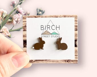 Bunny Rabbit Stud Earrings, Hand Painted Wood Easter Jewelry with Surgical Steel Posts.