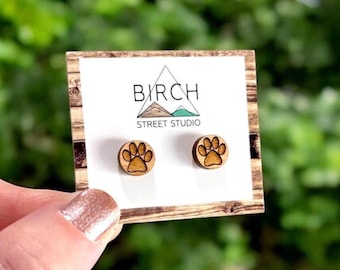 Paw Print Earrings, Cat Paw Earrings, Dog Paw Earrings, Wooden Stud Earrings, Animal Earrings, Gifts for Animal Lover, Cat Jewelry,
