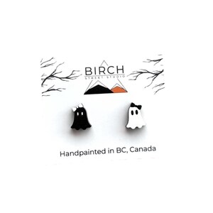 Boo-jee Ghost Earrings – Cute Halloween Studs | Hand Painted Wooden Ghost with Bow | Surgical Steel Posts