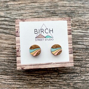 Wooden Stud Earrings | Gifts for Her | Round Wood Earrings | Peach Gold Blue | Retro | Waves | Nickel Free