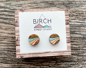 Wooden Stud Earrings | Gifts for Her | Round Wood Earrings | Peach Gold Blue | Retro | Waves | Nickel Free