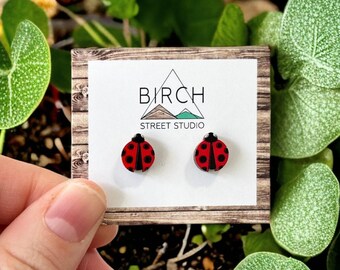 Lady Bug Stud Earrings, Hand Painted Wood Insect Jewelry with Surgical Steel Posts.