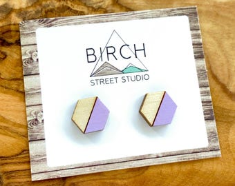 Hexagon Stud Earrings, Hand Painted Wood Geometric Earrings with Hypoallergenic Surgical Steel Posts, Black, Mint, Purple, Blue, Moss Green