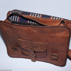 Heathbold Lancastrian handmade leather satchel bag. Free engraving. Plaid check linings. Brown XL laptop 15"