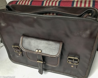 Vegan leather Heathbold Lancastrian handmade satchel messenger bag. Free engraving. Plaid linings. Beautiful brown 15.4" laptop