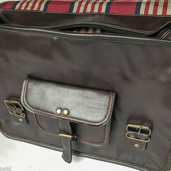 Vegan leather Heathbold Lancastrian handmade satchel messenger bag. Free engraving. Plaid linings. Beautiful brown 15.4" laptop