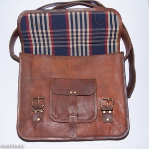Heathbold Incanto handmade leather satchel bag. Free engraving. Brown messenger. 13.3 laptop Blue lining
