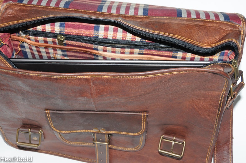 Satchel bag with red plaid lining front view