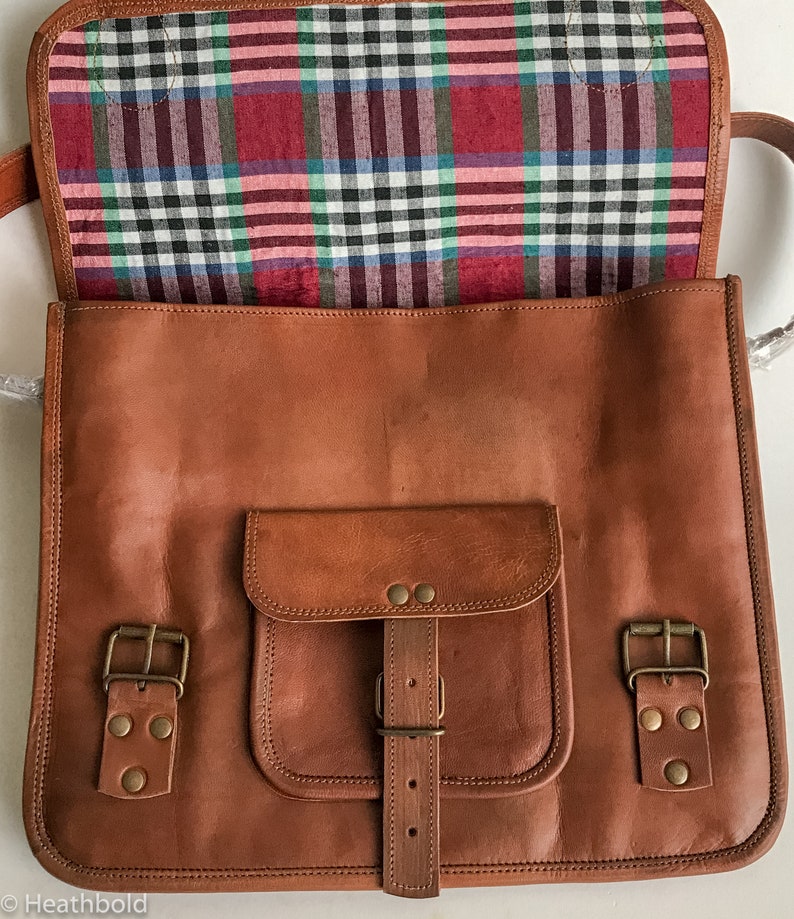 Heathbold Incanto handmade leather satchel bag. Free engraving. Brown messenger. 13.3 laptop Red lining