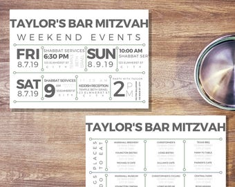 Custom Bar/Bat Mitzvah Timeline, Weekend Events Schedule (Printed & Shipped)