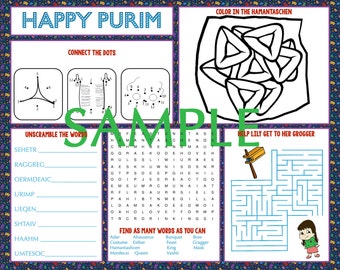 May include: A printable worksheet with activities for celebrating Purim. The worksheet includes a connect the dots activity, a word search, a maze, and a coloring page of hamantaschen. The text "Happy Purim" is at the top of the page.