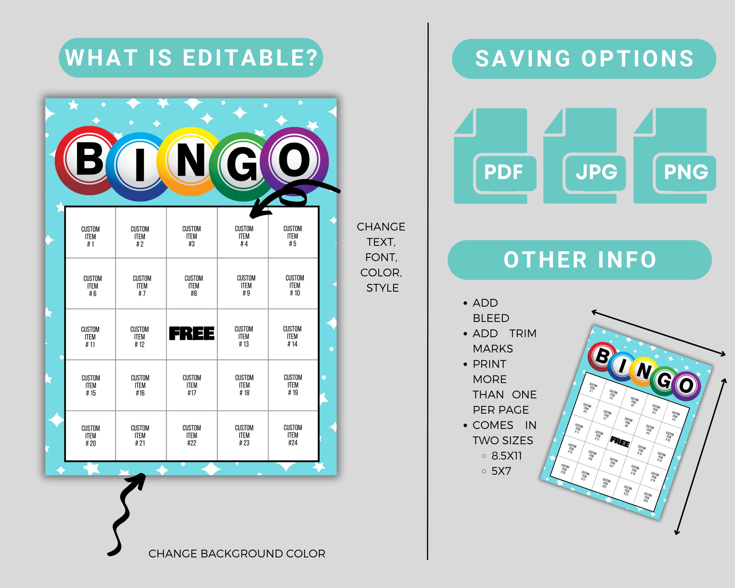 Printable custom bingo game add your unique items 40 editable cards