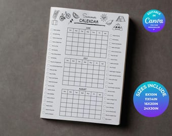 Editable Black and White Summer Calendar Poster, Activities Checklist, Printable Bucket List Canva DIY Template