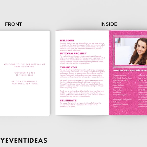 Bar Mitzvah Program, Bat Mitzvah Program, Personalized Folded Mitzvah Program, Customizable Printable JPG PDF,  Printed Mitzvah Program