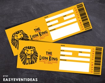 Afdrukbaar Lion King-ticket | Bewerkbare tickets | Muzikale Fake Surprise Ticket Lion King Souvenir Keep Sake | Directe download