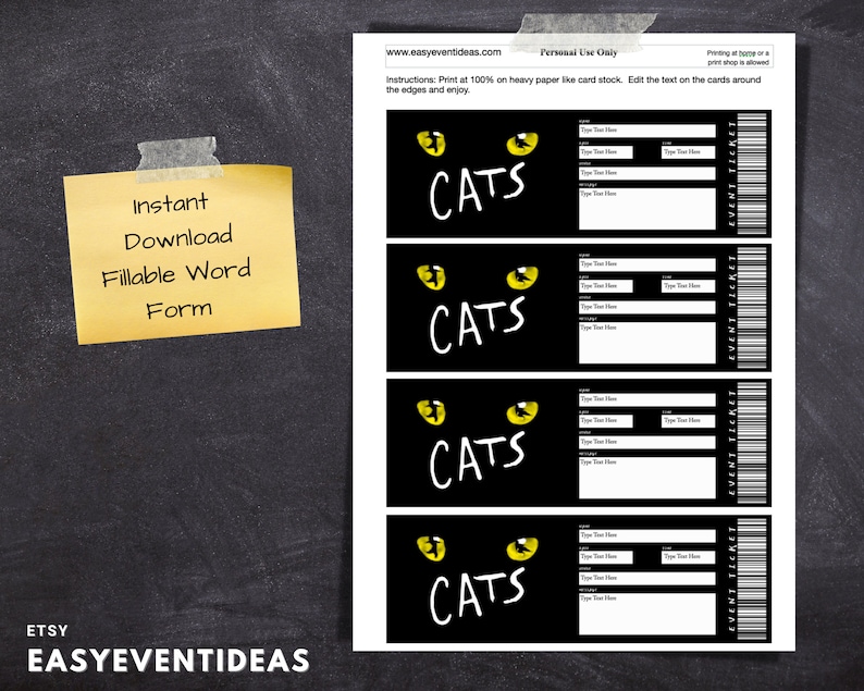 Printable Cats the Musical Ticket Editable Cats Tickets Musical Fake