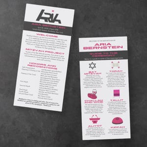 May include: Two rectangular white paper programmes for a Bat Mitzvah ceremony for Aria Bernstein. The text is printed in black and pink, featuring a logo, welcome message, honours list, and a guide to ceremony symbols like the Torah and Kippah.