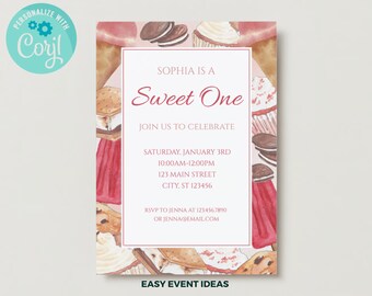 Sweet One Birthday Invitation, Cupcake 1st Birthday,  Sweets Invite, Editable Printable Download, 5x7 Printable Invitation