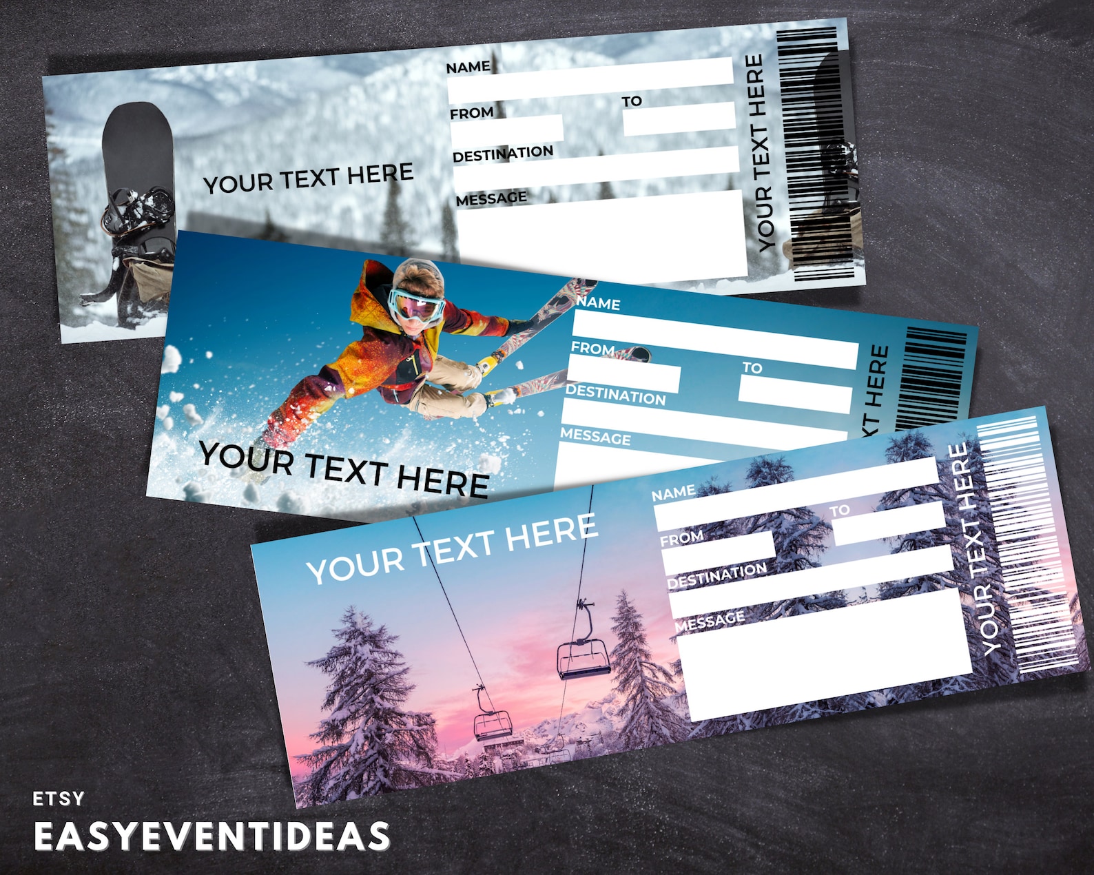 Printable Mountain Ski Snowboard Trip Ticket Editable Tickets Fake