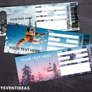 Printable Mountain Ski Snowboard Trip Ticket | Editable Tickets |  Fake Surprise Vacation Ticket |  Souvenir Keepsake | Instant Download |