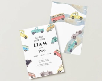 Transportation Birthday Invitation Canva Editable Car Theme Truck Party Vehicle Watercolor Decoration, Personalizable 5x7 (Digital Download)