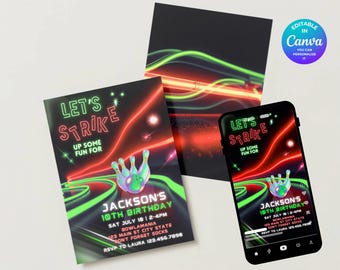 Editable Arcade Bowling Birthday Invitation, Neon Bowling Party Boy Birthday Theme, Canva Template Invite Digital Evite (Digital Download)