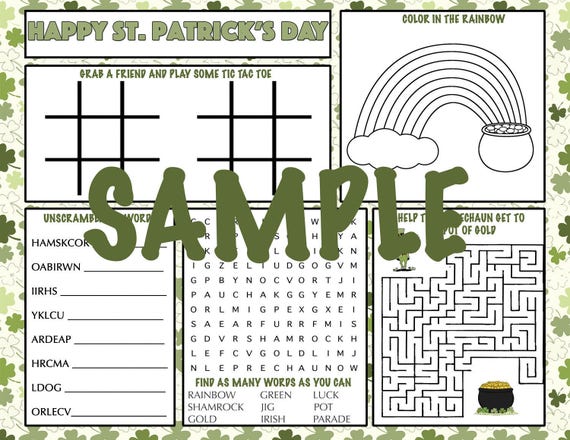 Kids St. Patrick's Day Activity Printable Placemat Instant