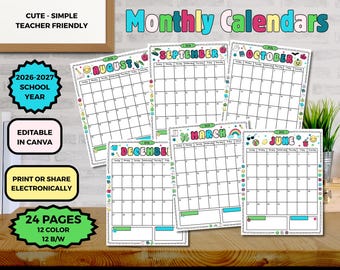 Editable 2026-2027 School Year Calendar, Monthly Calendar for teachers, Homeschool Schedule, Printable Monthly Calendar Canva DIY Template