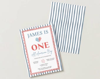 One All American Boy Birthday Invitation, 4th Of July First Birthday, Vintage, Editable Canva Printable Template (Digital Download)