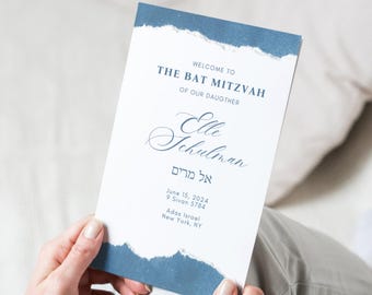 Painted Blue Folded Mitzvah Program DIY, Editable Canva (Digital Template)