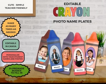 Editable Crayon Watercolor Student Photo and Name Tag Bulletin Board Decorations, Classroom Photo Display, Printable Canva Template