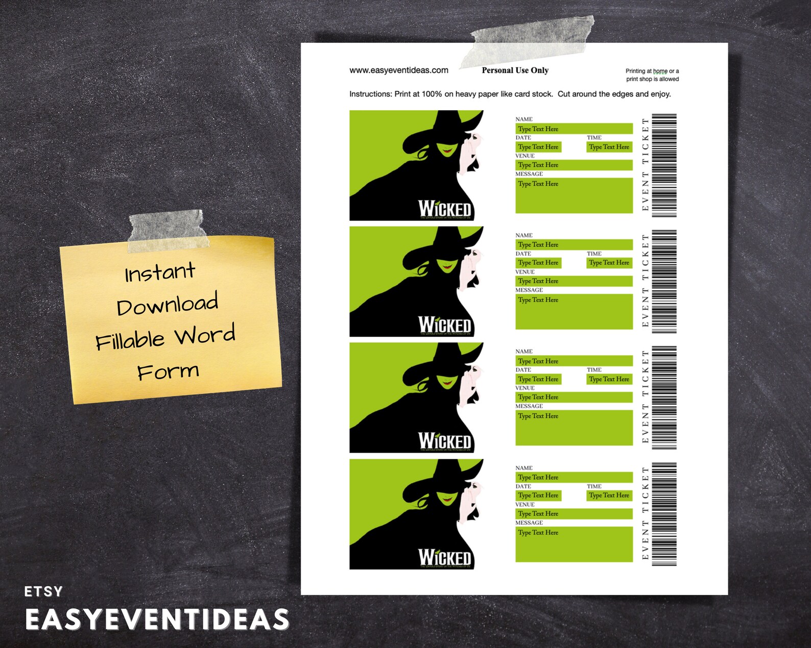 Printable Wicked Ticket Editable Wicked Ticket Musical Etsy