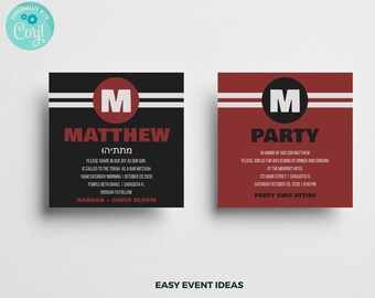 Square Mitzvah Invitation, Party Card DIY Template (Digital)
