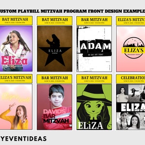 May include: A collage of eight different program front designs for a Bat Mitzvah or Bar Mitzvah celebration. Each design features a different theme, including Broadway, a witch, and a celebration with a photo collage. The designs are all in a playful and colorful style.