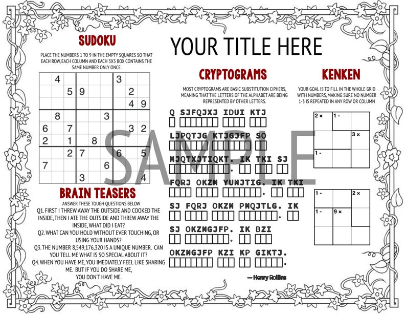 Adult Personalized Activity Printable Placemat Instant Etsy
